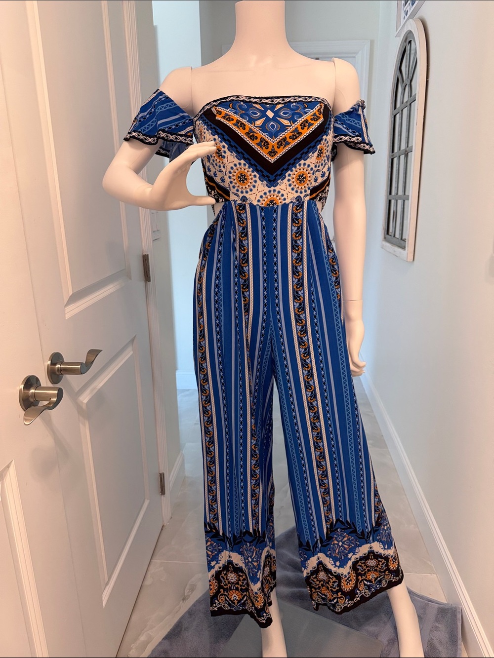 Off-Shoulder Blue Printed Jumpsuit